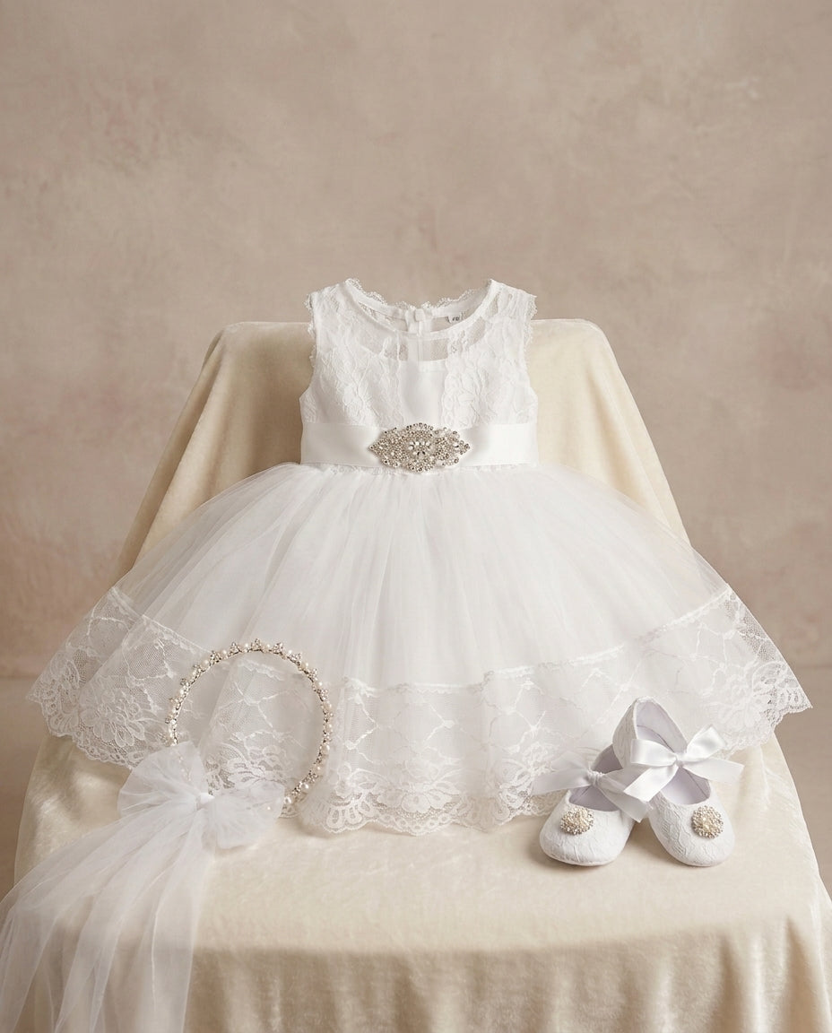 Baby Girl French White Baptism Dress with Rhinestones Headband & Sash