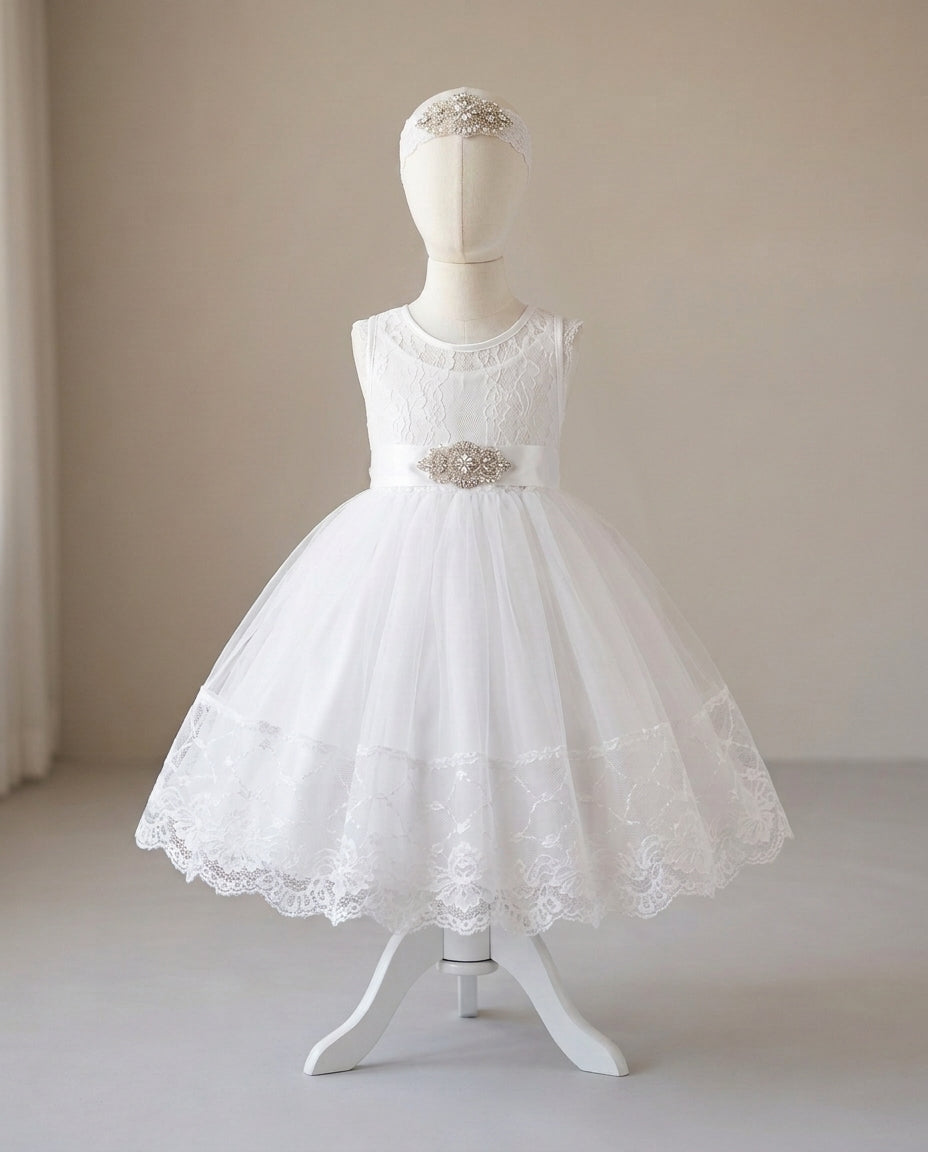 Baby Girl French White Baptism Dress with Rhinestones Headband & Sash