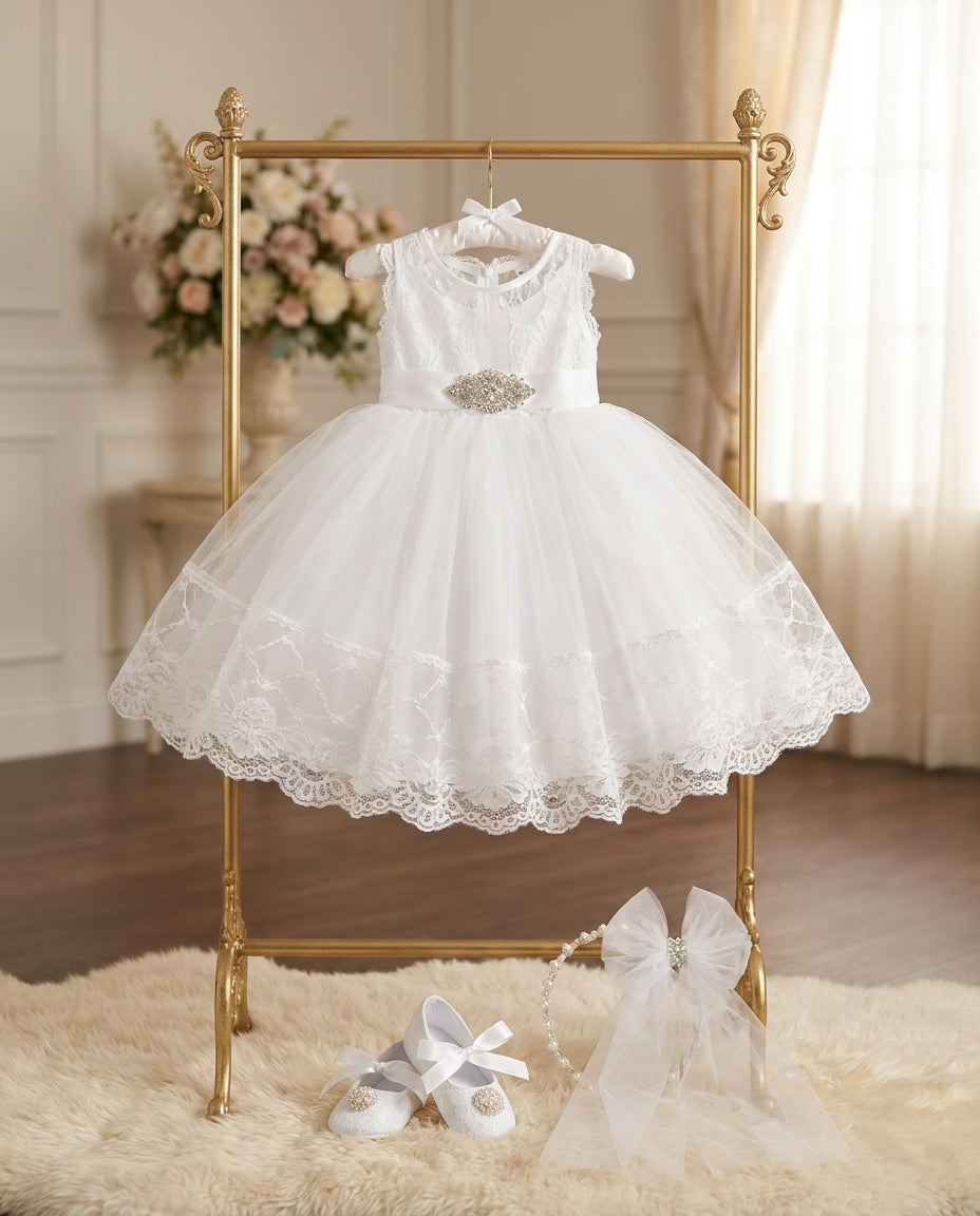 Baby Girl French White Baptism Dress with Rhinestones Headband & Sash –  Baby Fleurs Bonbon