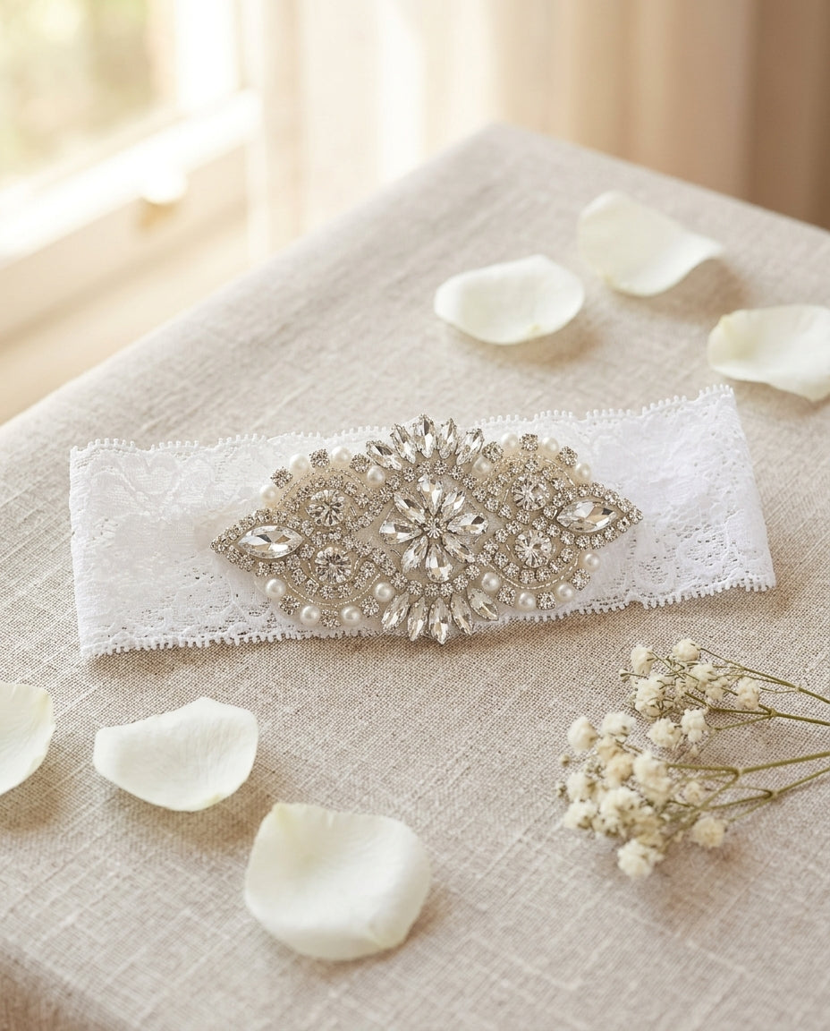 Baby Girl French White Baptism Rhinestone and Pearl Headband & Sash