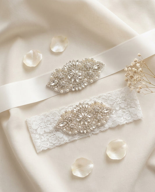Baby Girl French White Baptism Rhinestone and Pearl Headband & Sash