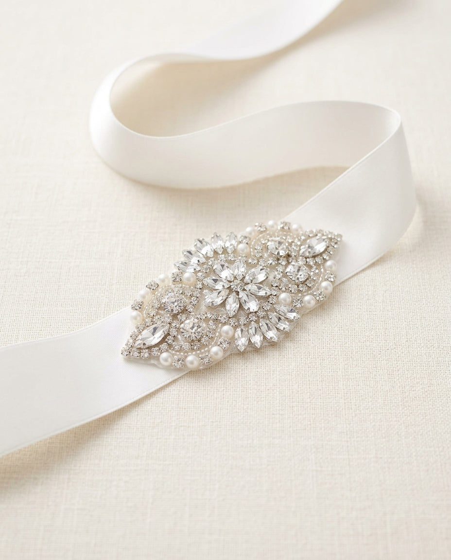 Baby Girl French White Baptism Rhinestone and Pearl Headband & Sash