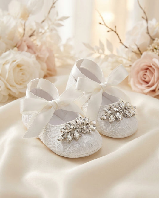 Baby Girl French White Christening Lace Shoes with Rhinestones