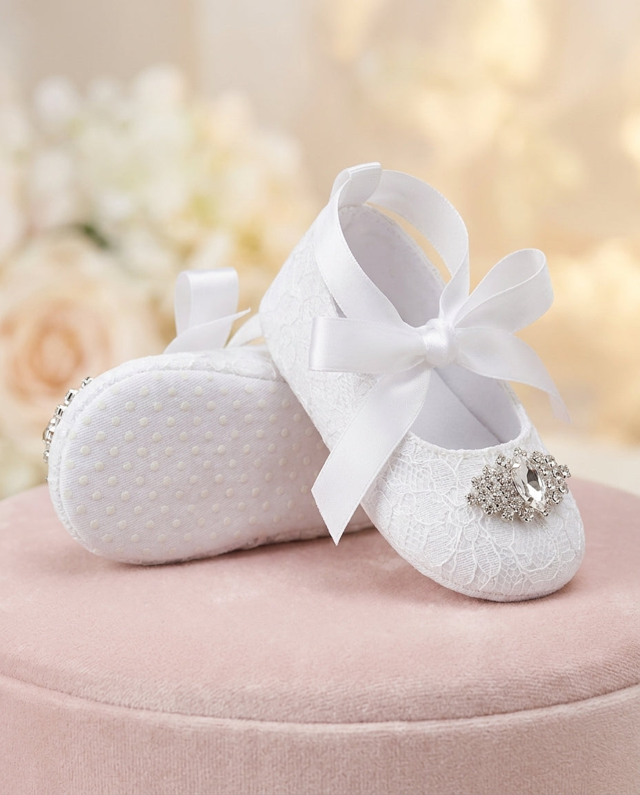Baby Girl French White Christening Shoes with Rhinestones