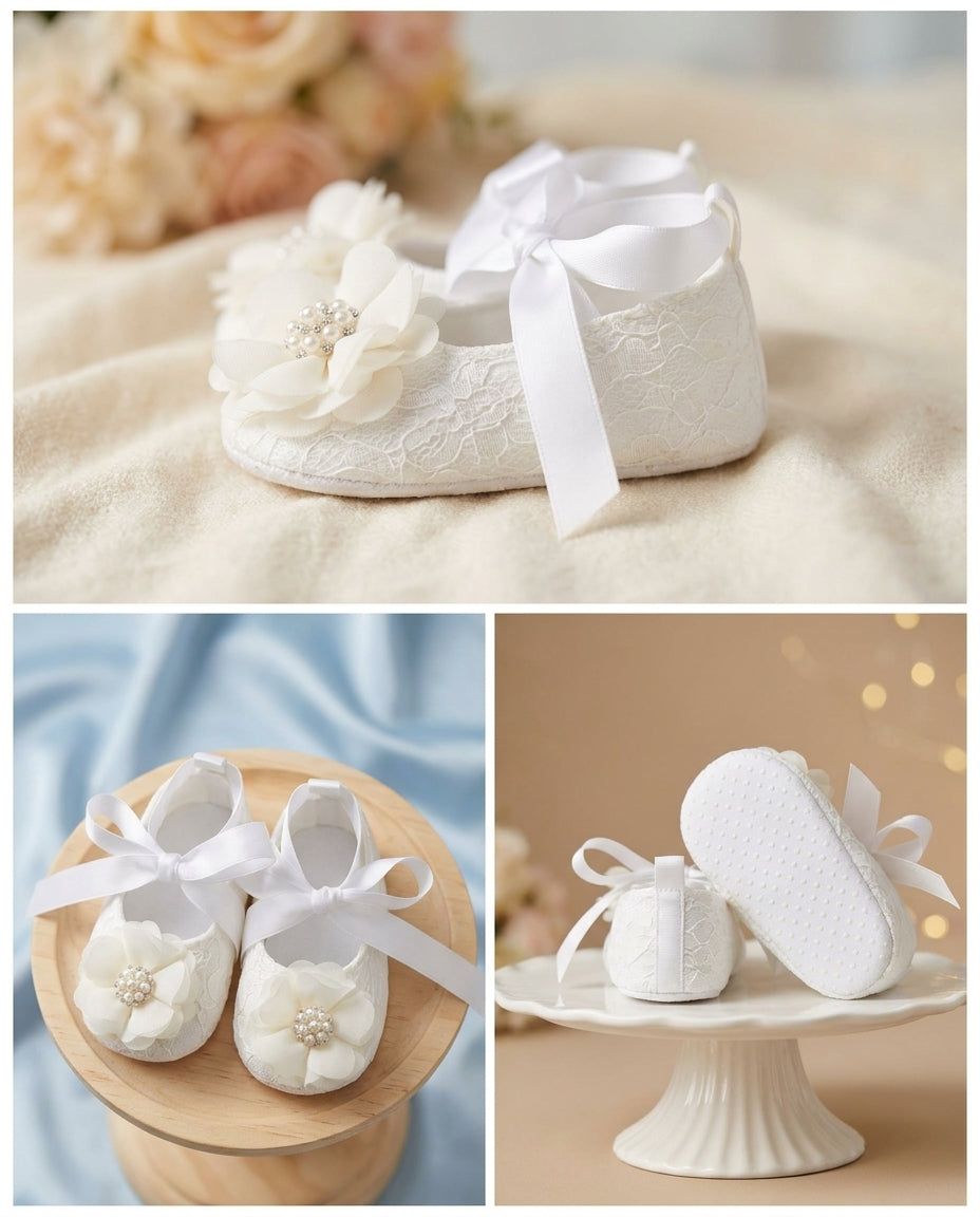 Baby Girl White Lace Baptism Shoes with Ivory Flowers