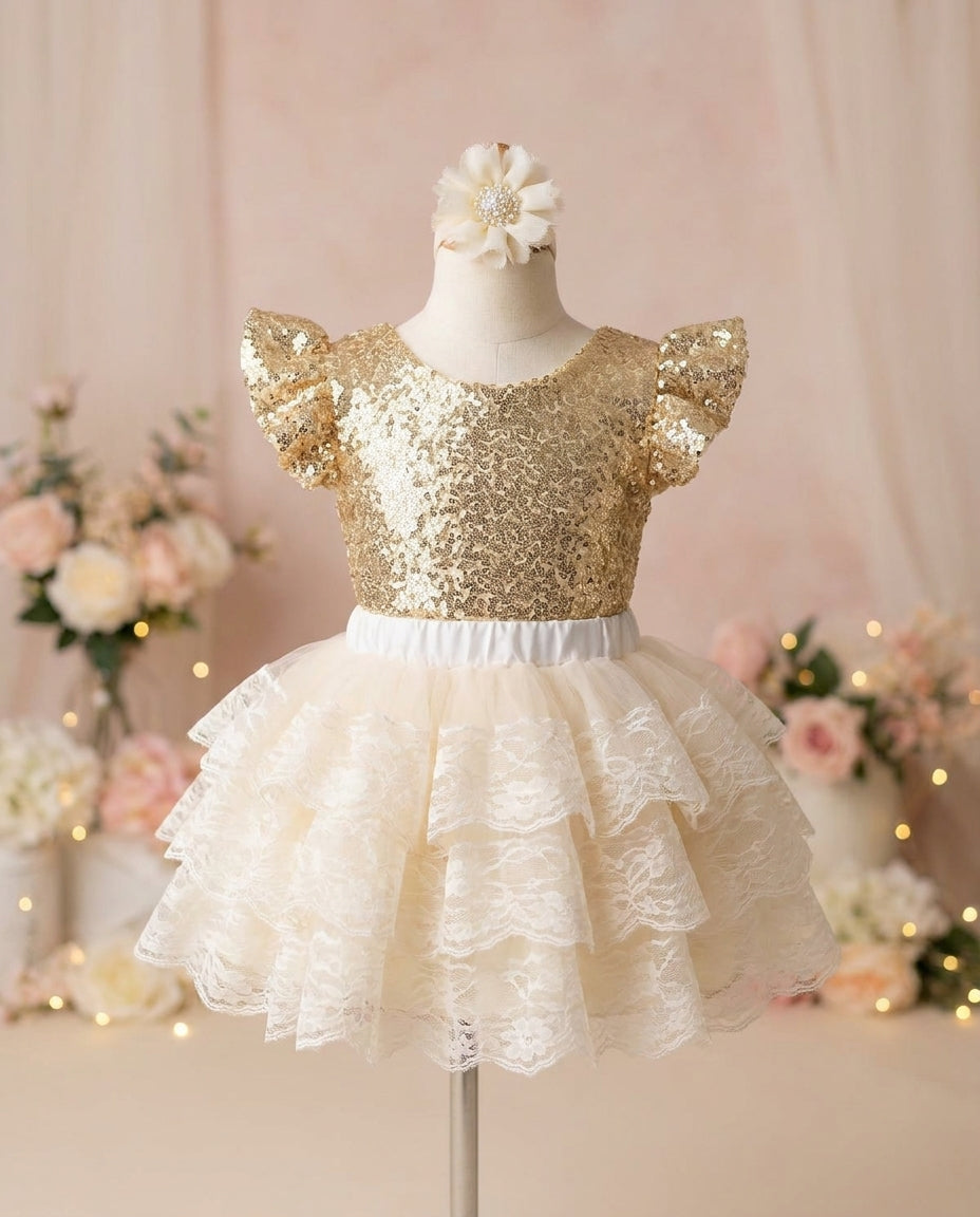 Baby Girl Gold Sequins Romper and Tutu Skirt with Headband