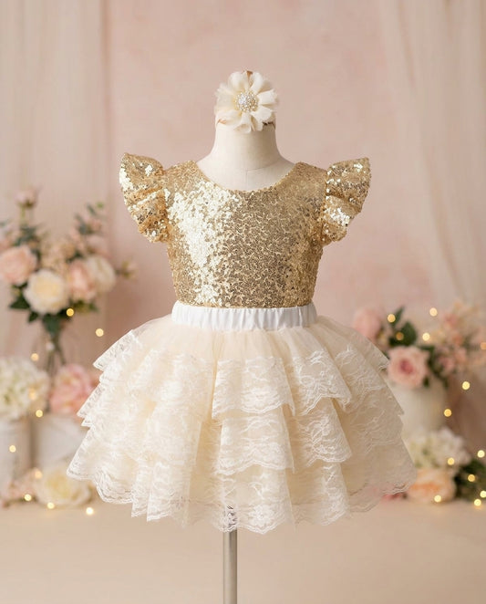 Baby Girl Gold Sequins Romper and Tutu Skirt with Headband