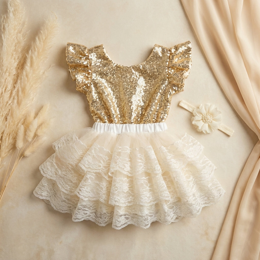 Baby Girl Gold Sequins Romper and Tutu Skirt with Headband