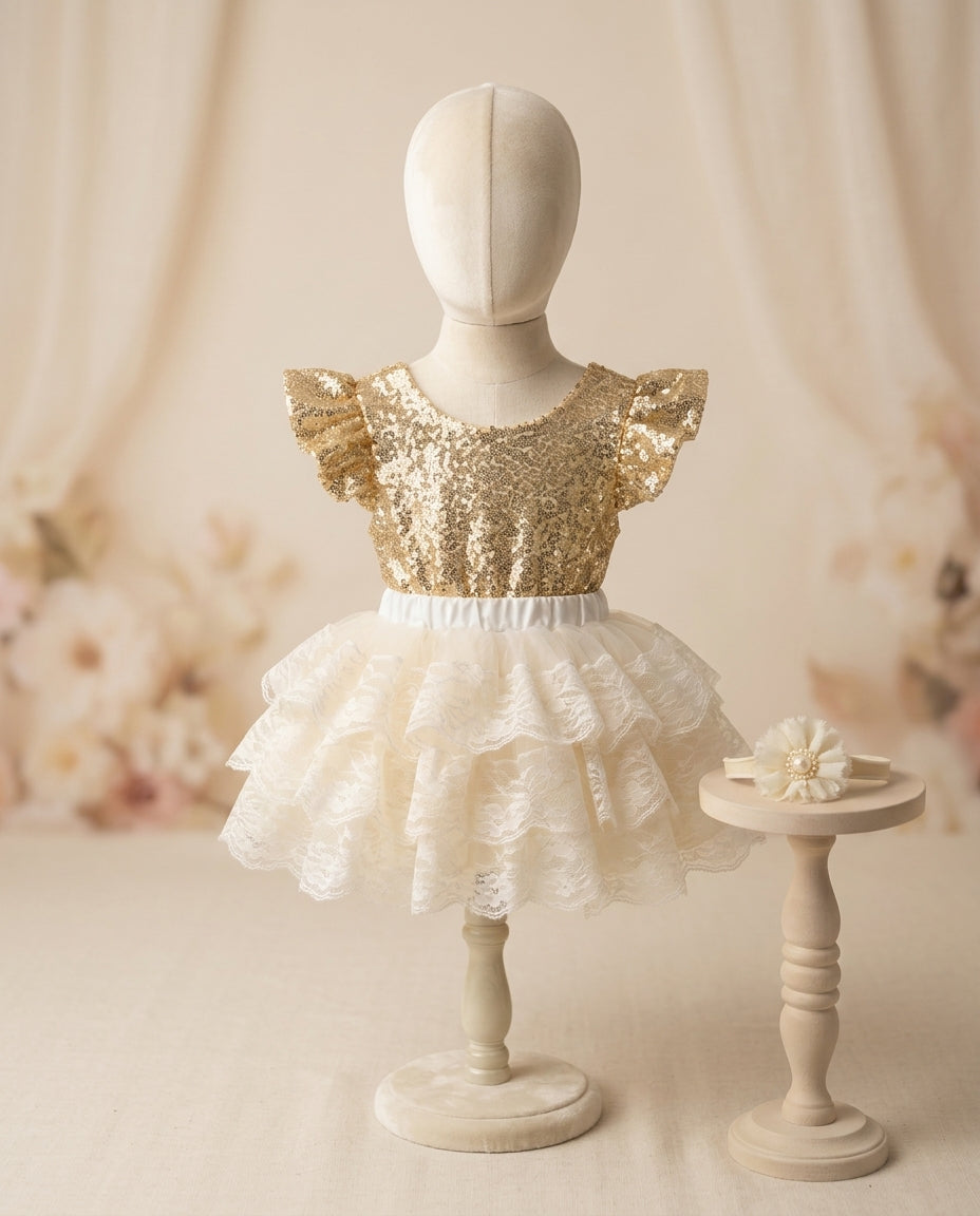 Baby Girl Gold Sequins Romper and Tutu Skirt with Headband