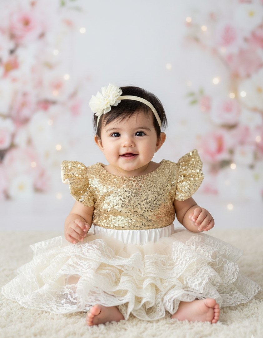 Baby Girl Gold Sequins Romper and Tutu Skirt with Headband
