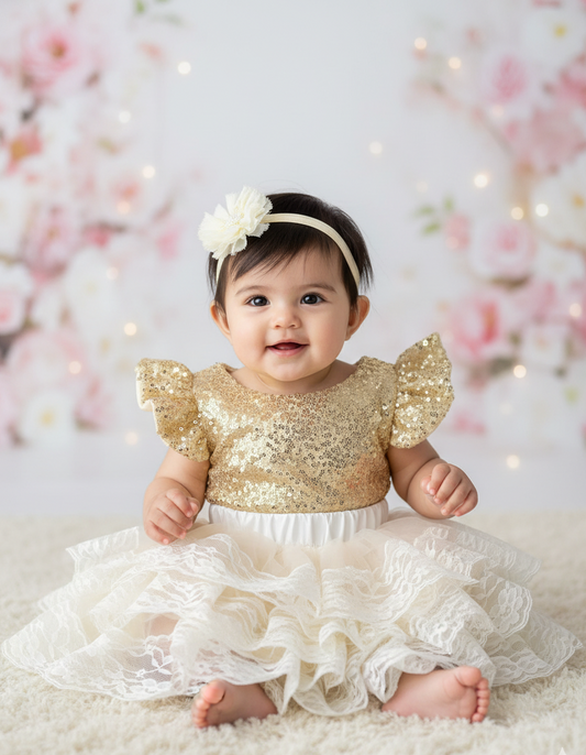 Baby Girl Gold Sequins Romper and Tutu Skirt with Headband