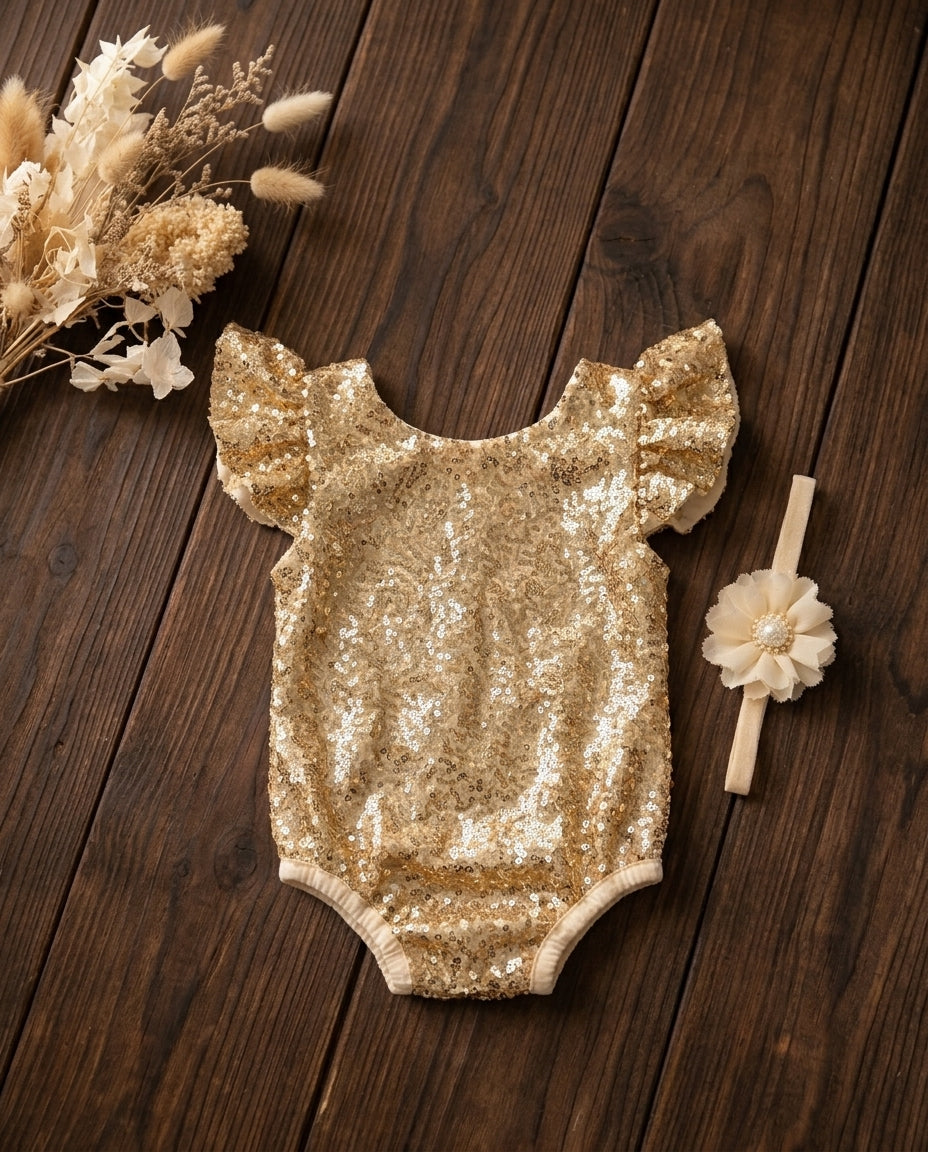 Baby Gold Sequin Onesie and Headband Set