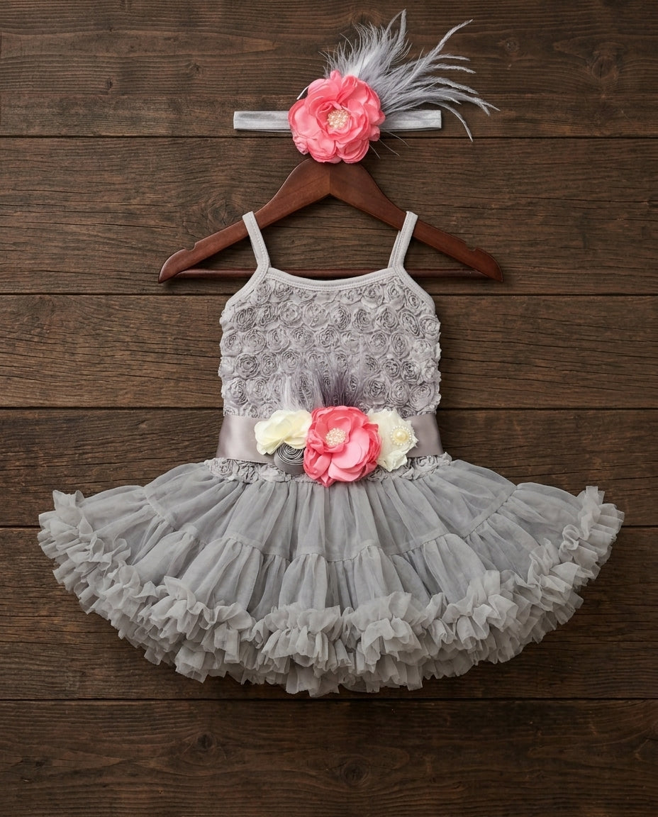 Baby Gray Fluffy Tutu Dress with Pink Headband and Sash