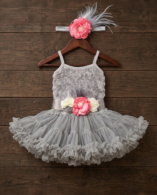 Baby Gray Fluffy Tutu Dress with Pink Headband and Sash