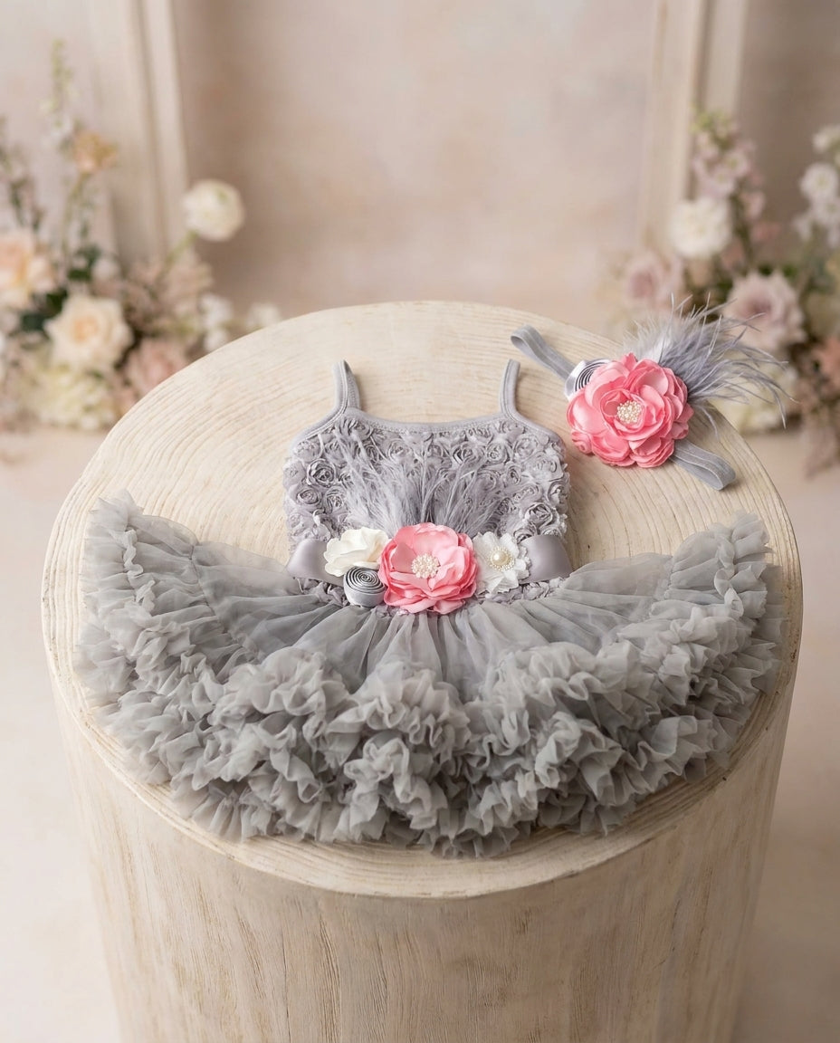 Baby Gray Fluffy Tutu Dress with Pink Headband and Sash