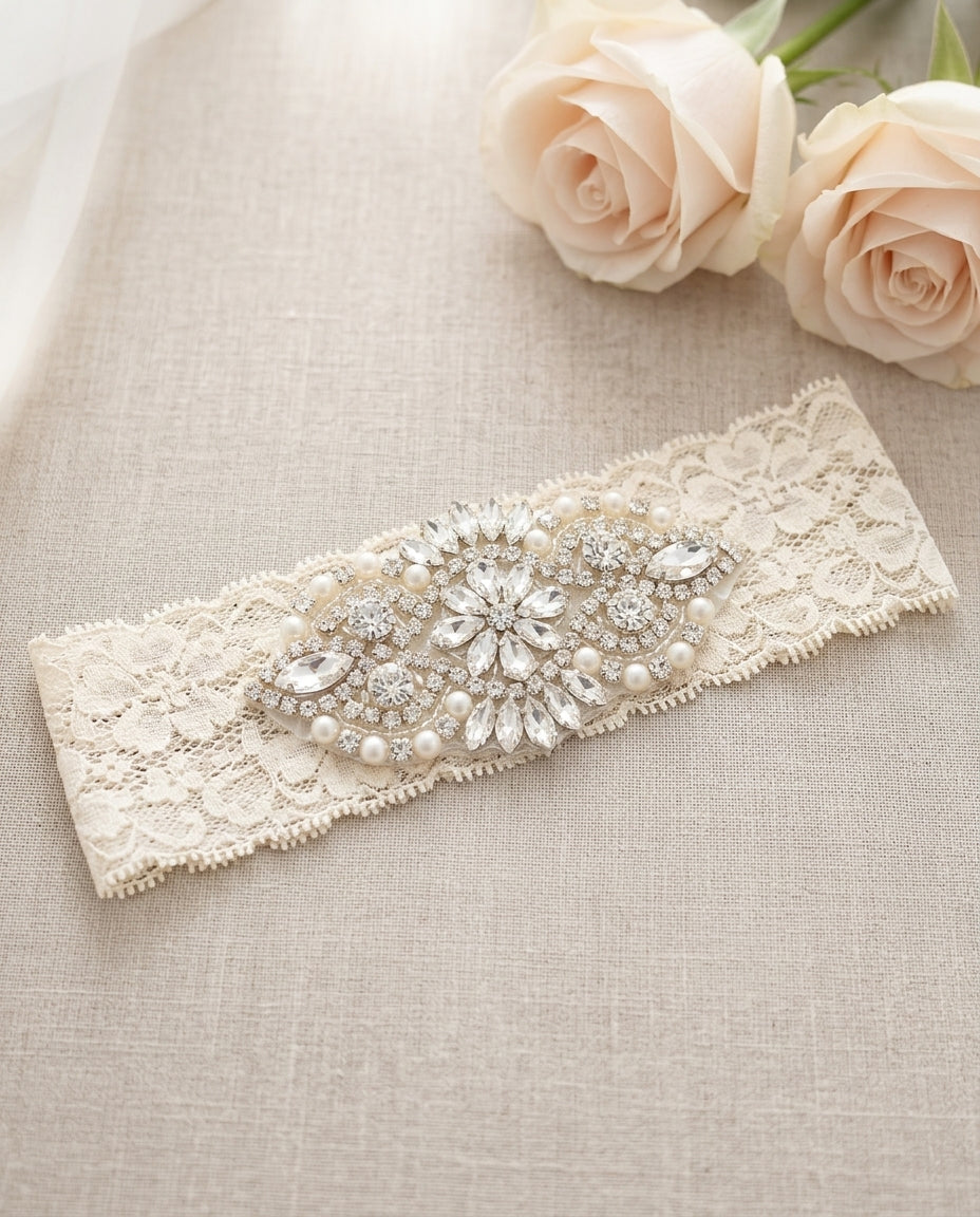 Baby Girl French White Baptism Rhinestone and Pearl Headband & Sash