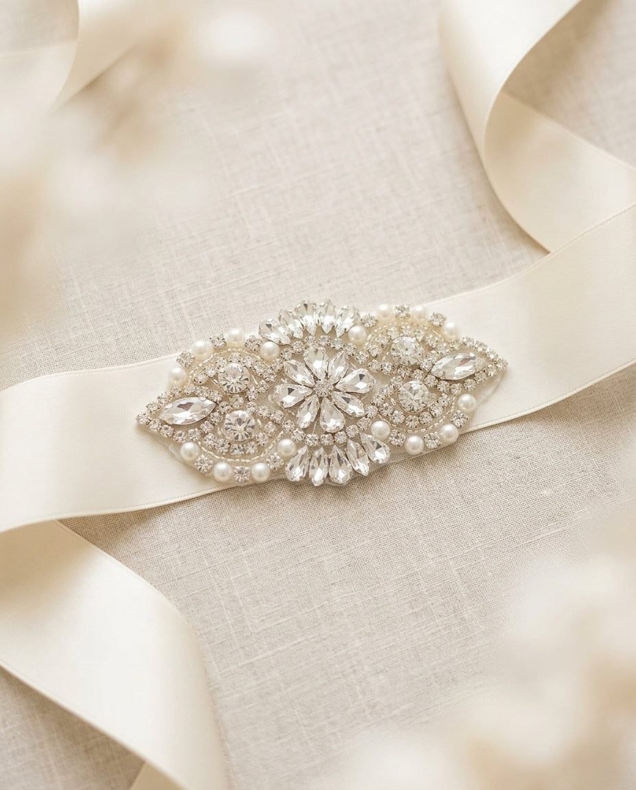 Baby Girl French White Baptism Rhinestone and Pearl Headband & Sash
