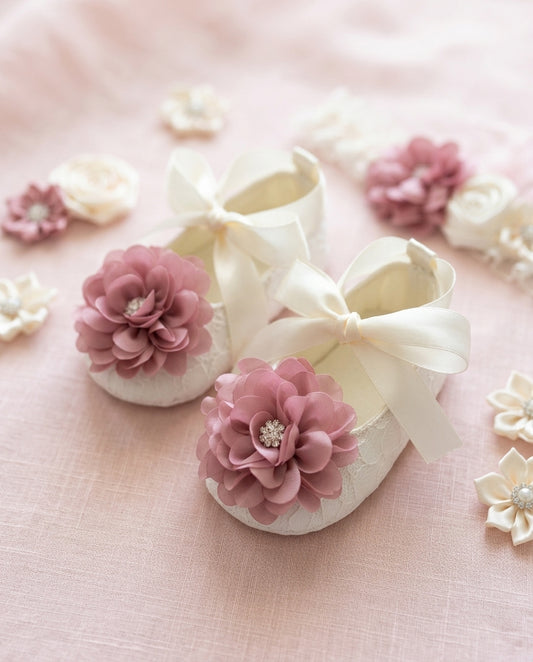 Baby Girl Ivory Baptism Shoes with Dusty Pink Flowers