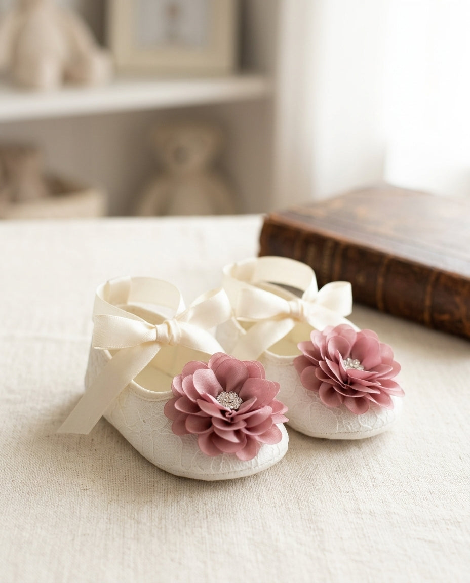 Baby Girl Ivory Baptism Shoes with Dusty Pink Flowers