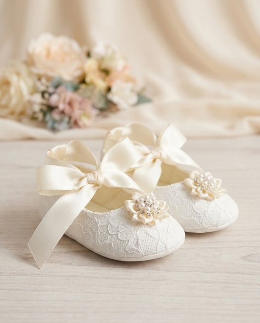 Baby Girl Baptism Shoes with Floral Rhinestones