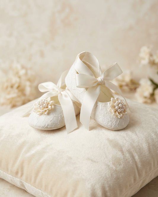 Baby Girl Baptism Shoes with Floral Rhinestones