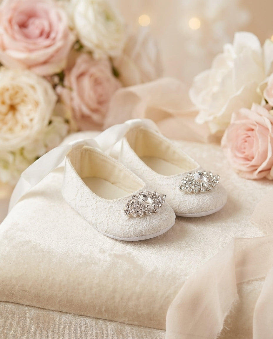 Baby Girl French White Christening Shoes with Rhinestones