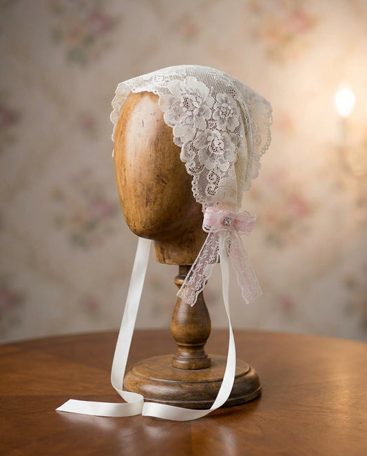 Baby Girl French White Lace Wide Baptism Headband with Bows