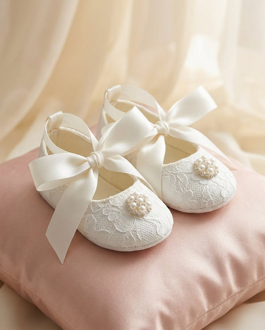 Baby Girl Ivory Lace Baptism Shoes, Pearls & Rhinestones