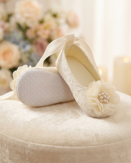 Baby Girl White Lace Baptism Shoes with Ivory Flowers