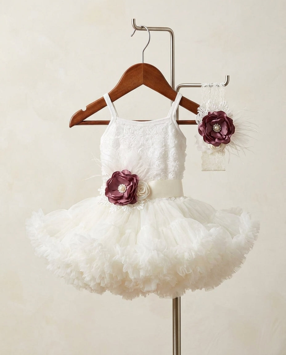 Baby Girl Ivory Tutu Dress with Vintage Rose Headband and Sash