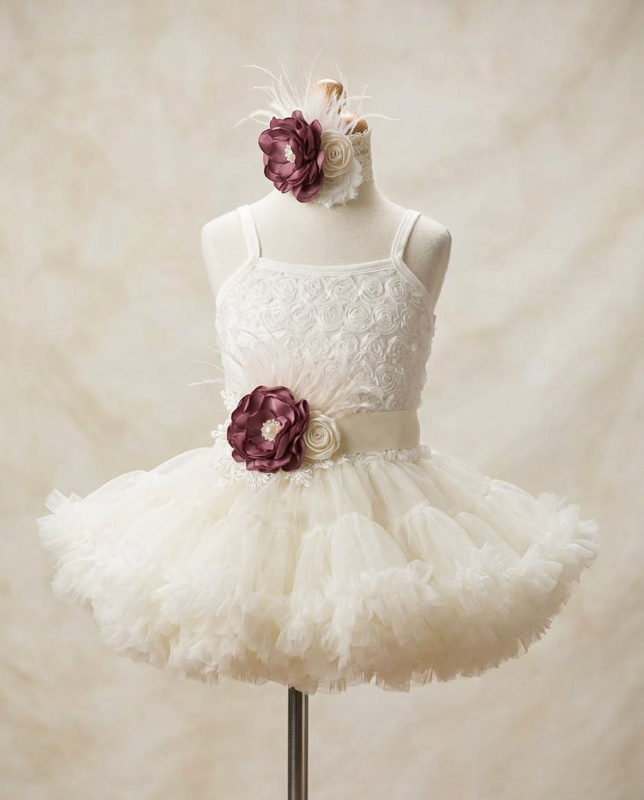 Baby Girl Ivory Tutu Dress with Vintage Rose Headband and Sash
