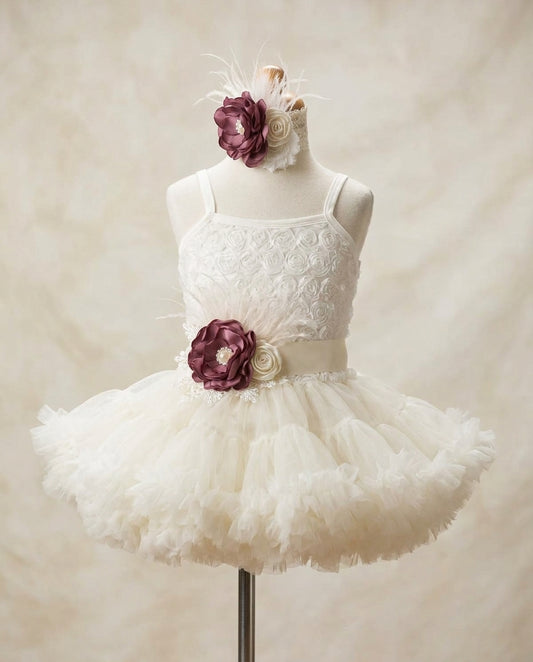 Baby Girl Ivory Tutu Dress with Vintage Rose Headband and Sash