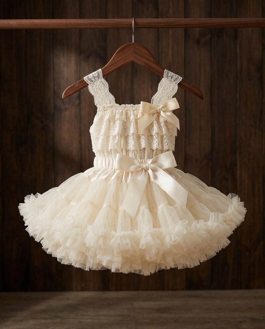 Baby Girl Ivory Tutu Skirt and Laced Romper Outfit with Headband