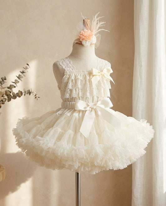 Baby Girl Ivory Tutu Skirt and Laced Romper Outfit with Headband