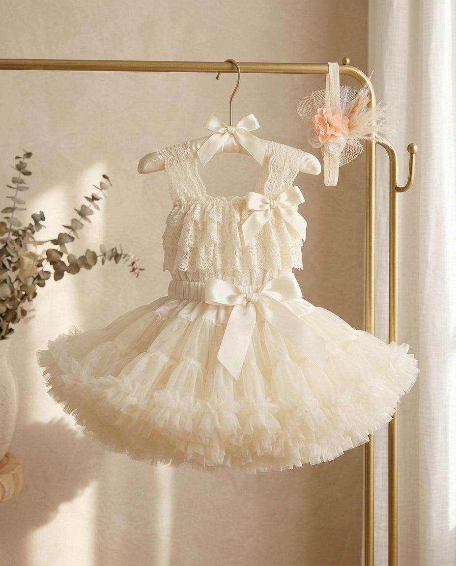 Baby Girl Ivory Tutu Skirt and Laced Romper Outfit with Headband