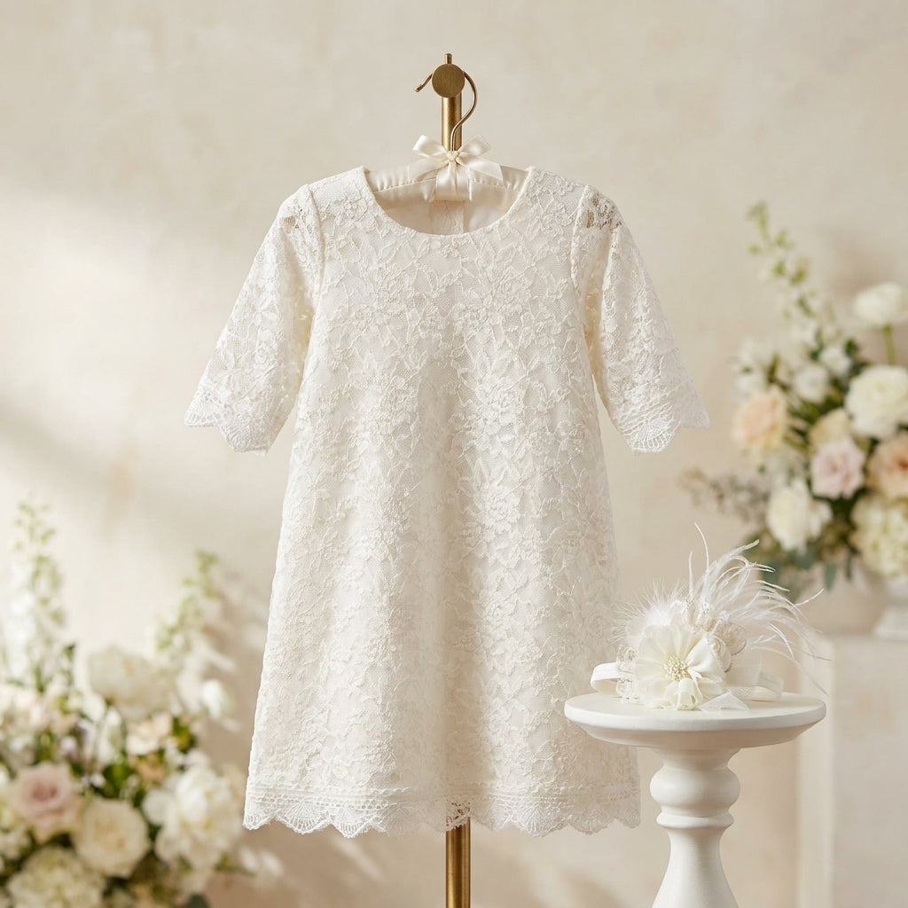 Baby Girl Lace Christening Dress with Headband, Bell Baptism Lace Dress