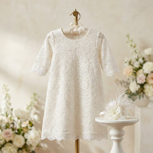 Baby Girl Lace Christening Dress with Headband, Bell Baptism Lace Dress