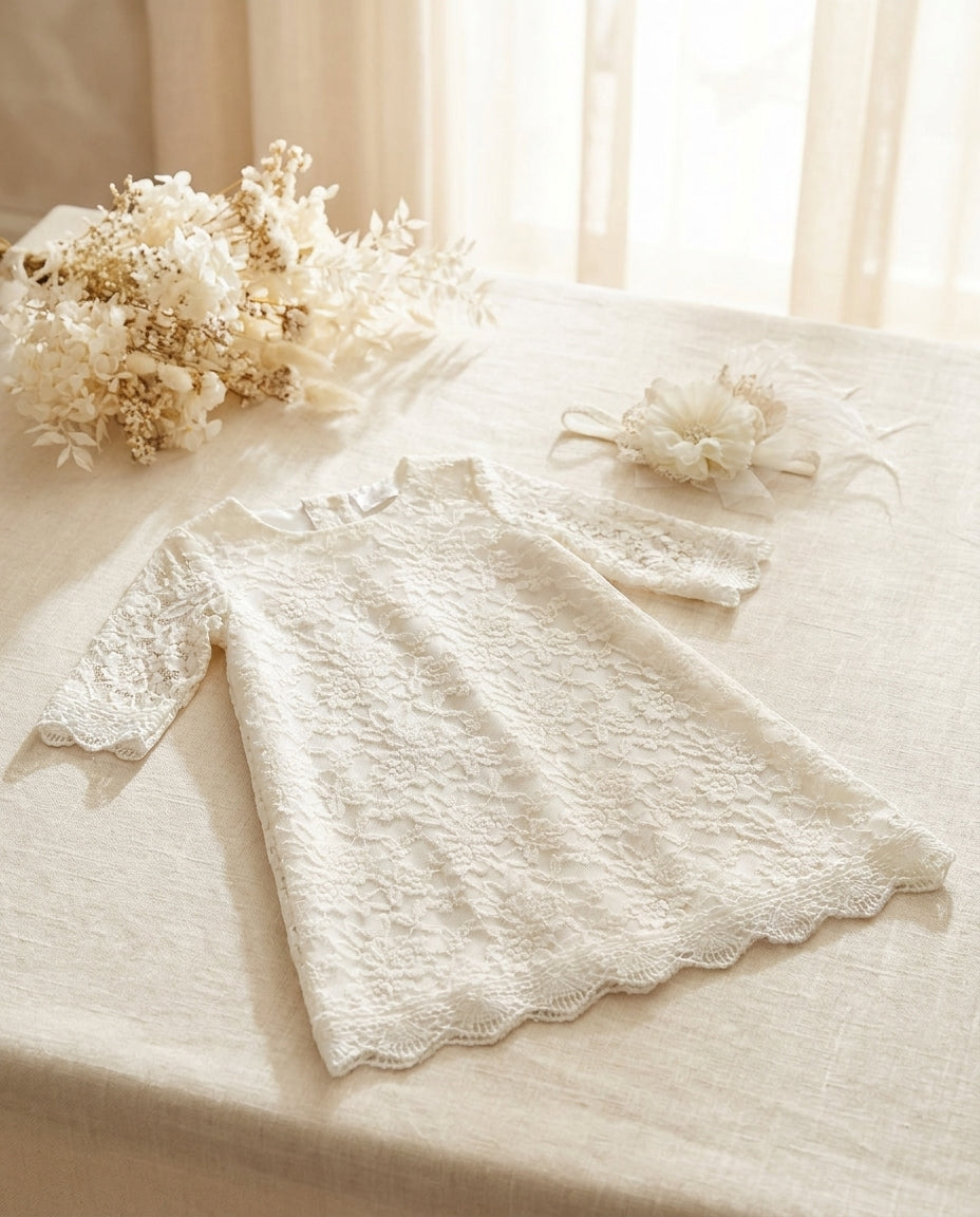 Baby Girl Lace Christening Dress with Headband, Bell Baptism Lace Dress
