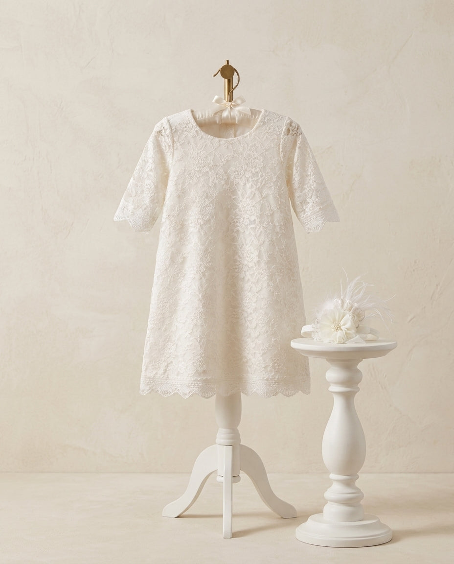 Baby Girl Lace Christening Dress with Headband, Bell Baptism Lace Dress