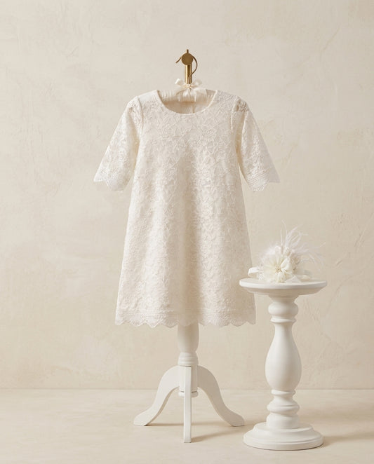 Baby Girl Lace Christening Dress with Headband, Bell Baptism Lace Dress