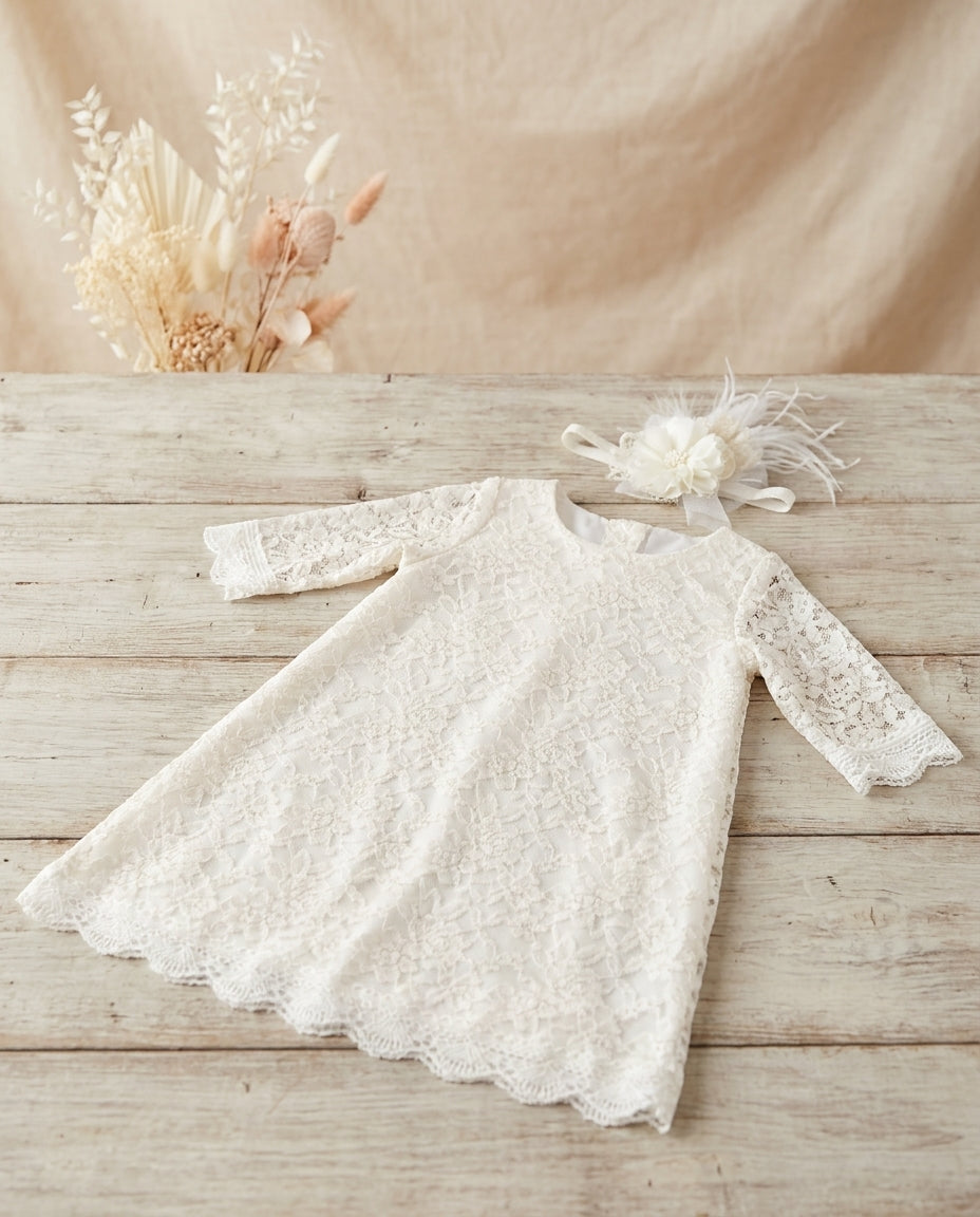 Baby Girl Lace Christening Dress with Headband, Bell Baptism Lace Dress