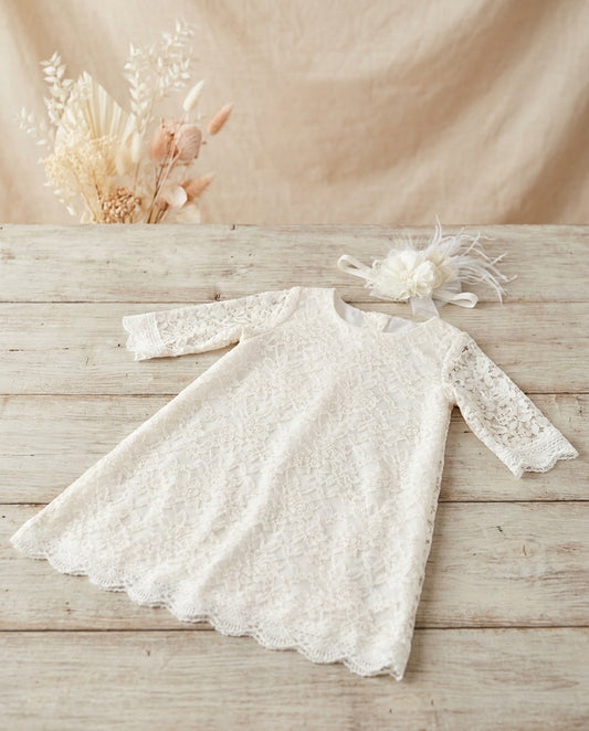Baby Girl Lace Christening Dress with Headband, Bell Baptism Lace Dress