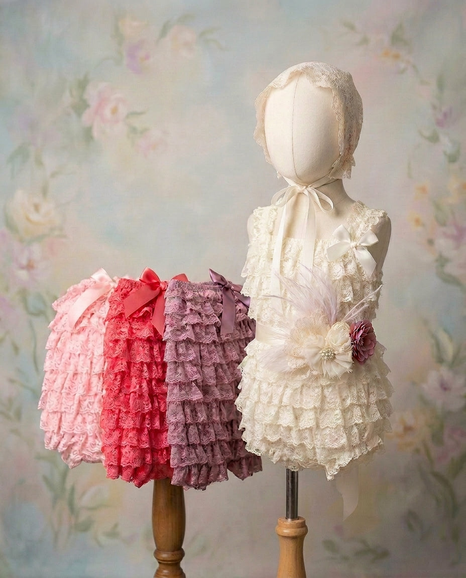 Baby Girl Lace Romper with Apricot Champagne Bonnet & Ivory Sash