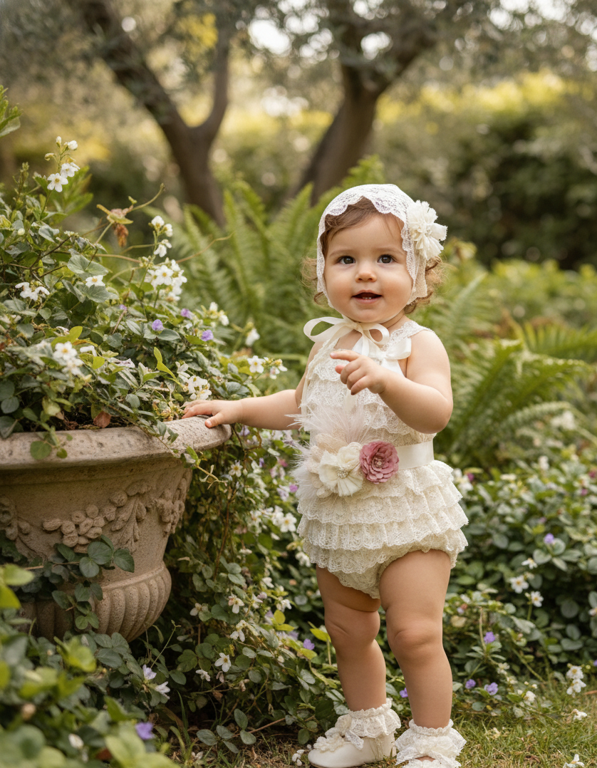 Baby Girl Lace Romper with Apricot Champagne Bonnet & Ivory Sash