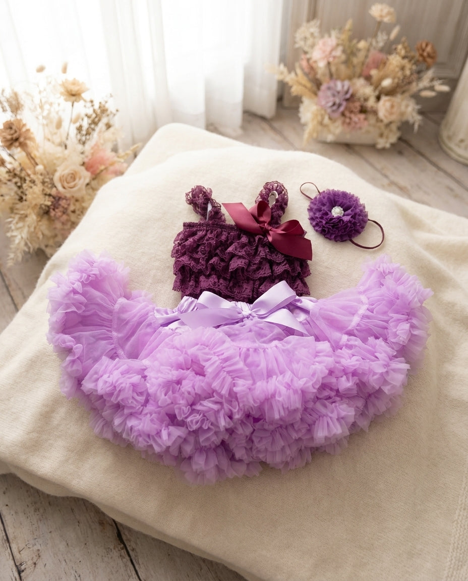 Purple Petti Set, Lavender Fluffy Skirt & Purple Lace Romper