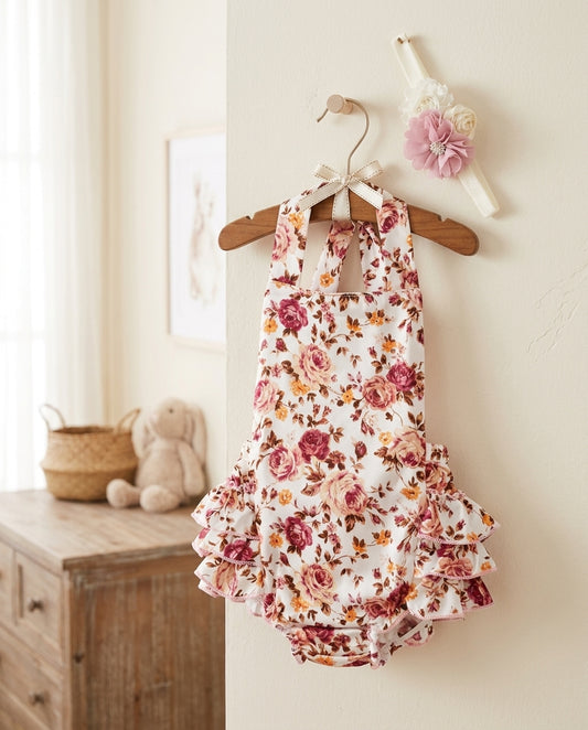 Dusty Pink Floral Ruffled Romper