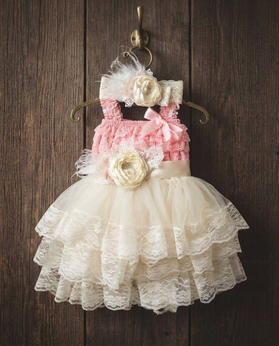 Lace Romper and Fluffy Lace Skirt with Headband & Sash Set