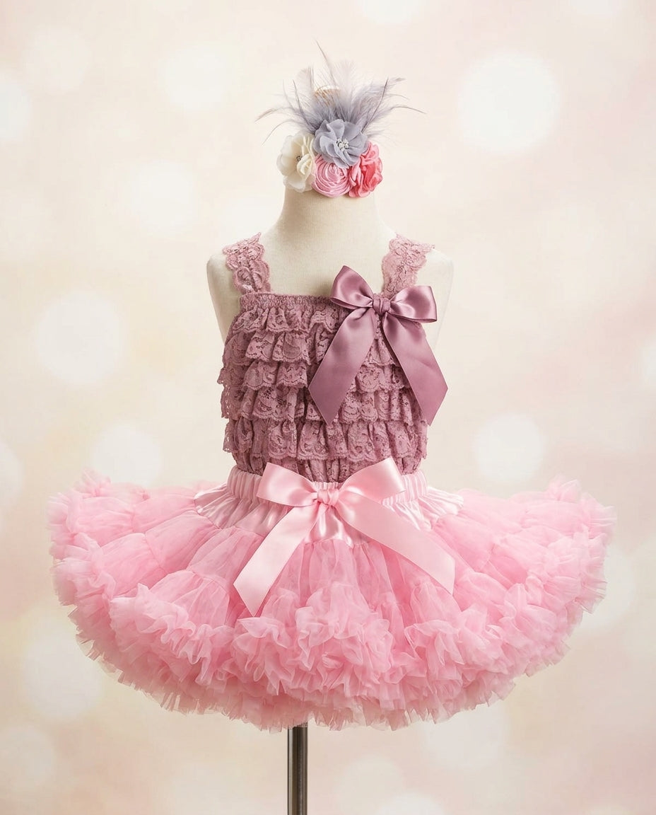 Baby Girl Pink Tutu Skirt and Ivory Lace Romper Set with Headband