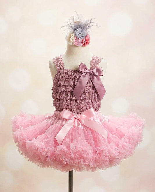 Baby Girl Pink Tutu Skirt and Ivory Lace Romper Set with Headband