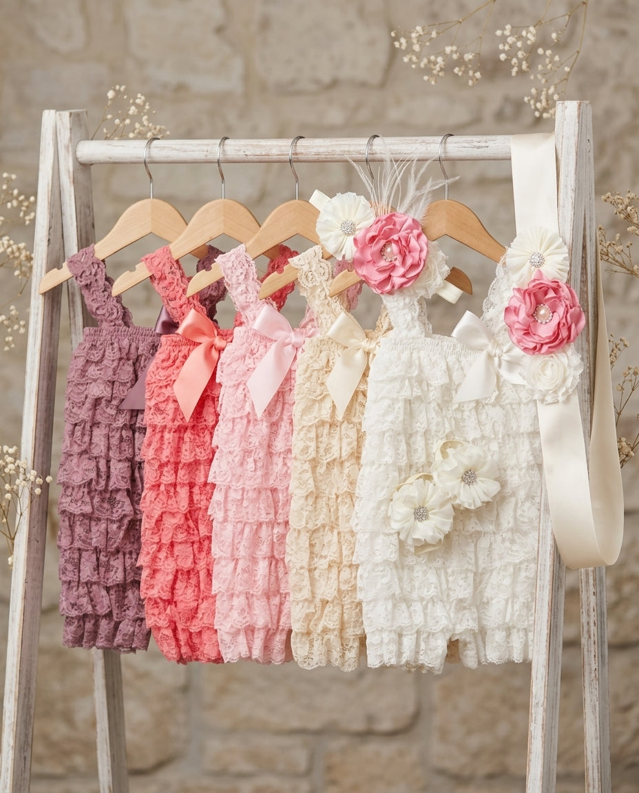 Baby Girl Smash Cake Lace Romper with Headband, Sash, & Barefoot Sandals